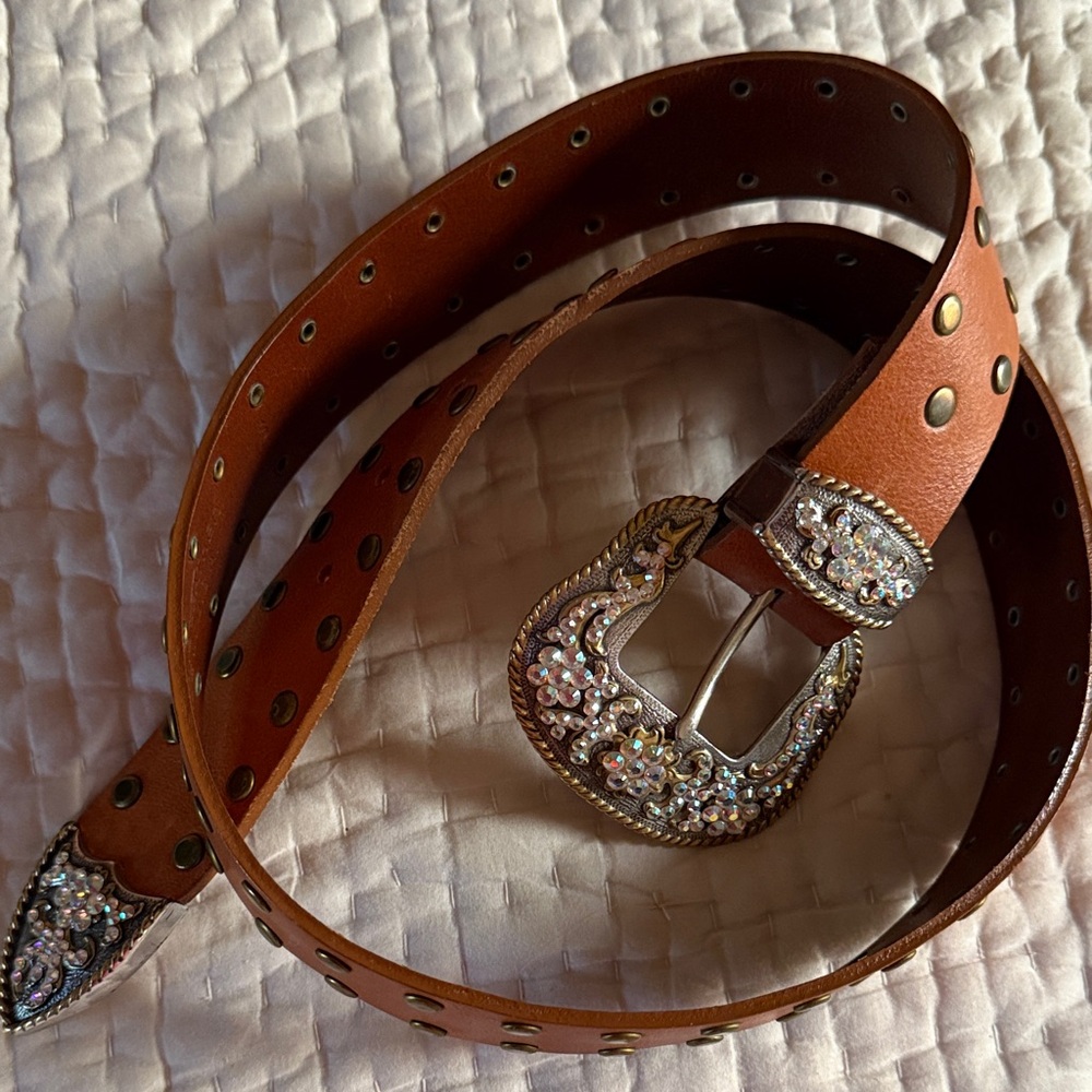 B.B. Simon Brown Leather Belt with Silver Accents